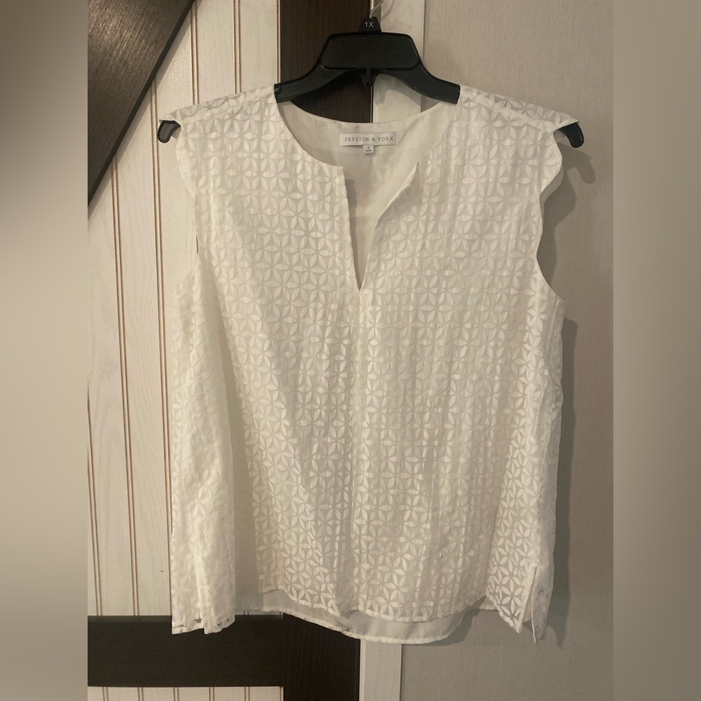 PRESTON & YORK‎ Women’s Blouse Sz 8 White Geometric Lined Sleeveless